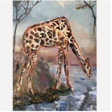 "Giraffes at the Waterhole" is an atmospheric oil painting by Ukrainian artist Marina Stognieva